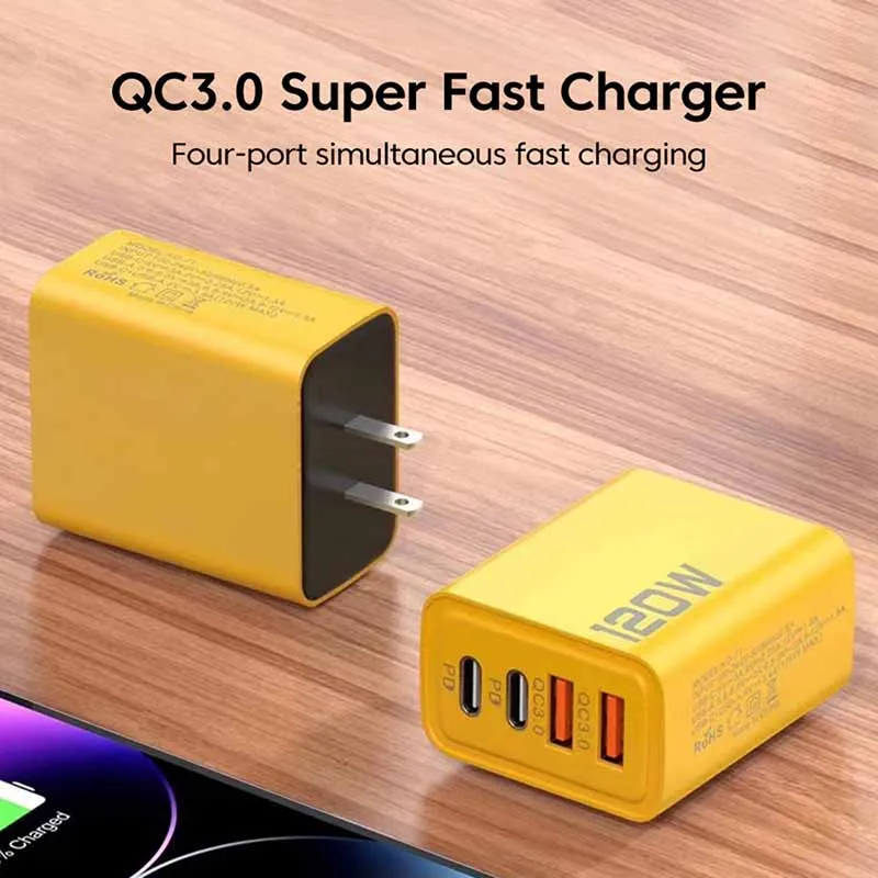 120W Fast Charging 4 Ports Mobile Phone Charger QC3.0 USB Type C