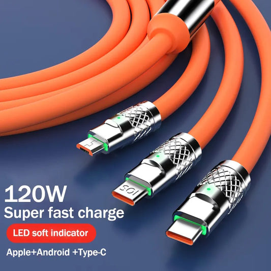 120W Super Fast Charge Liquid Silicone 3 IN 1 Cable Charger